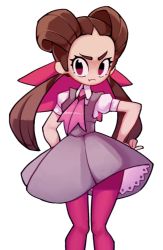 Rule 34 | 1girl, :t, brown hair, closed mouth, collared shirt, commentary, creatures (company), dress, eyelashes, game freak, grey dress, hair ribbon, hands on own hips, kurt robinson, long hair, nintendo, no pupils, pantyhose, pink pantyhose, pink ribbon, pokemon, pokemon oras, pout, purple eyes, ribbon, roxanne (pokemon), shirt, short sleeves, simple background, solo, twintails, white background, white shirt