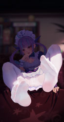 Rule 34 | 1girl, absurdres, apron, colored inner hair, feet, foot focus, foreshortening, highres, hololive, icecake, maid, maid apron, maid headdress, minato aqua, minato aqua (1st costume), multicolored hair, no shoes, panties, pantyhose, skirt, soles, toes, two-tone hair, underwear, virtual youtuber, white apron, white pantyhose