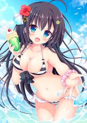 Rule 34 | 1girl, :d, ahoge, areola slip, bare arms, bare shoulders, bikini, bikini day, black hair, blue eyes, blue sky, blush, breasts, cherry, cleavage, cloud, cloudy sky, collarbone, cup, day, drinking glass, fang, flower, food, front-tie bikini top, front-tie top, fruit, glint, gluteal fold, groin, hair flower, hair ornament, hairclip, halterneck, hibiscus, holding, holding cup, long hair, looking at viewer, medium breasts, navel, open mouth, original, outdoors, outstretched arm, parfait, picpicgram, sky, smile, solo, standing, star (symbol), striped bikini, striped clothes, swimsuit, thigh gap, thighs, very long hair, wading, water