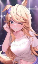 Rule 34 | 1girl, absurdres, animal ears, blonde hair, blue eyes, bow, clothes writing, commentary request, gaze on me! outfit (umamusume), gold city (umamusume), grin, hair bow, hand up, highres, horse ears, kaju paint, long hair, looking at viewer, midriff, navel, one eye closed, purple bow, shirt, short sleeves, smile, solo, stomach, tied shirt, umamusume, upper body, very long hair, white shirt