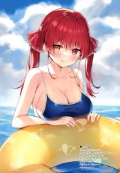 Rule 34 | 1girl, absurdres, ayamy, bare shoulders, blue sky, blush, breasts, cleavage, cloud, cloudy sky, collarbone, day, fingernails, heterochromia, highres, hololive, houshou marine, innertube, large breasts, long hair, looking at viewer, ocean, outdoors, partially submerged, red eyes, red hair, scan, shiny clothes, simple background, sky, smile, solo, swim ring, swimsuit, tongue, tongue out, twintails, upper body, virtual youtuber, water, water drop, wet, yellow eyes