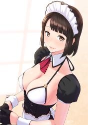 Rule 34 | 1girl, artist name, bikini, black gloves, blunt bangs, blush, bob cut, breasts, brown eyes, brown hair, corset, detached collar, fingers together, gloves, half gloves, indoors, looking at viewer, maid, maid bikini, maid headdress, medium breasts, nanahime, original, own hands together, parted lips, puffy short sleeves, puffy sleeves, short hair, short sleeves, sidelocks, signature, smile, solo, swimsuit, unconventional maid, upper body, white bikini, window shadow, wrist cuffs