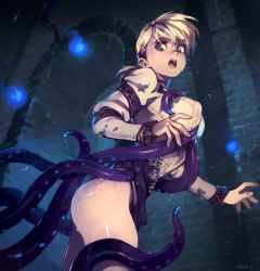 Rule 34 | 1girl, ass, black panties, blonde hair, blue eyes, grabbing another&#039;s breast, breasts, capcom, clothes lift, covered erect nipples, demento, dungeon, fiona belli, grabbing, highres, imminent rape, miniskirt, open mouth, optionaltypo, panties, skirt, skirt lift, solo, surprised, tentacles, tentacles under clothes, thighs, underwear, wet