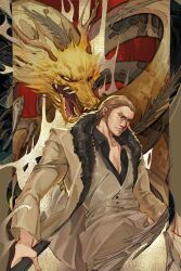 Rule 34 | 1boy, black shirt, blonde hair, brown coat, brown jacket, closed mouth, coat, collarbone, collared shirt, cowboy shot, dragon, eastern dragon, fur trim, goda ryuji, holding, jacket, jaxkydra, long sleeves, male focus, partially unbuttoned, red background, ryuu ga gotoku (series), ryuu ga gotoku 2, shirt, short hair, smile, solo, standing, v-shaped eyebrows