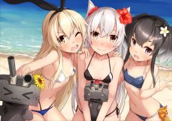 Rule 34 | 3girls, :d, ;d, adapted costume, amatsukaze (kancolle), beach, bikini, black bikini, black hair, blush, breasts, brown eyes, closed mouth, collarbone, cowboy shot, day, fang, flat chest, flower, girl sandwich, hair flower, hair ornament, hair ribbon, hairband, halterneck, hand on another&#039;s shoulder, hat, hibiscus, highleg, highleg bikini, kantai collection, long hair, looking at viewer, mini hat, multi-strapped bikini, multiple girls, navel, one eye closed, open mouth, outdoors, outstretched hand, purple eyes, rensouhou-chan, rensouhou-kun, ribbon, sandwiched, shimakaze (kancolle), short hair with long locks, side-tie bikini bottom, small breasts, smile, sweat, swimsuit, takanashi kei (hitsujikan), tokitsukaze (kancolle)