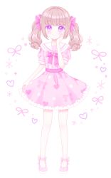 Rule 34 | 1girl, blush, bow, brown hair, closed mouth, commentary request, dress, frilled dress, frilled sailor collar, frills, full body, heart, himetsuki luna, original, pink dress, pink footwear, puffy short sleeves, puffy sleeves, purple bow, purple eyes, sailor collar, sailor dress, shoes, short sleeves, smile, solo, standing, twintails, white background, white sailor collar
