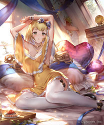 Rule 34 | 1girl, 77gl, armpits, arms up, blonde hair, bow, breasts, choker, commentary request, covered navel, dress, flower, glint, grey eyes, hair bow, heart, heart-shaped pillow, indoors, jewelry, long hair, looking at viewer, medium breasts, necklace, pillow, see-through silhouette, sequins, shingeki no bahamut, sitting, solo, sunlight, thighhighs, underbust, white thighhighs, yellow dress, yokozuwari