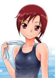 Rule 34 | 10s, 1girl, bad id, bad pixiv id, bare shoulders, collarbone, eyelashes, hino akane (smile precure!), looking at viewer, one-piece swimsuit, precure, red eyes, red hair, school swimsuit, smile, smile precure!, solo, suzushiro nazuna, swimsuit, towel, upper body