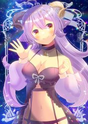 Rule 34 | 1girl, animal ears, blush, bra, breasts, choker, cleavage, closed mouth, commentary, commission, english commentary, garter belt, goat ears, goat girl, goat horns, horizontal pupils, horns, indie virtual youtuber, kou hiyoyo, lingerie, looking at viewer, midriff, nymie, orange eyes, panties, purple hair, skeb commission, sky, smile, solo, star (sky), star (symbol), starry sky, underwear, virtual youtuber, waving