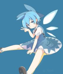 Rule 34 | 1girl, bad id, bad twitter id, blue background, blue dress, blue eyes, blue hair, bow, cirno, dress, fairy, hair bow, hair ornament, highres, ice, ice wings, image sample, looking at viewer, mary janes, matching hair/eyes, puffy sleeves, shoes, short hair, short sleeves, simple background, smile, solo, tekka maki (wafuu-bune), touhou, v, vest, wings