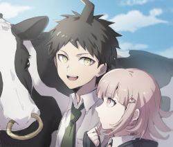 Rule 34 | 1boy, 1girl, ahoge, asuna (doruru-mon), bad id, bad pixiv id, black jacket, brown hair, cloud, collared shirt, commentary request, cow, danganronpa (series), danganronpa 2: goodbye despair, day, face, from side, green neckwear, hair ornament, hairclip, hand up, highres, hinata hajime, jacket, light brown hair, long sleeves, looking at another, nanami chiaki, necktie, nose piercing, nose ring, open mouth, piercing, pink eyes, school uniform, shirt, short hair, sleeves past wrists, smile, spaceship hair ornament, teeth, upper teeth only, white shirt