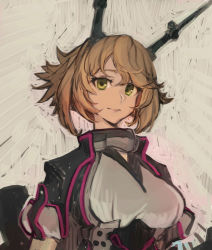 Rule 34 | 1girl, breasts, brown hair, capelet, closed mouth, hair between eyes, headgear, highres, kantai collection, large breasts, lips, moor, mutsu (kancolle), mutsu kai ni (kancolle), short hair, short sleeves, simple background, solo, upper body, yellow eyes