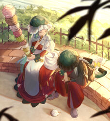 Rule 34 | 2girls, bow, braid, day, dress, dropped food, facing another, food, green hair, gtcockroach, hair bow, hat, head down, highres, holding, holding food, holding spoon, ice cream, ice cream cone, long hair, long sleeves, multiple girls, original, outdoors, sitting, sleeve cuffs, spoon, too many, too many scoops, very long hair, white hair