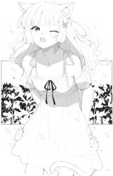 Rule 34 | 1girl, animal ears, cat ears, cat girl, cat tail, dress, greyscale, highres, leoharju, long hair, monochrome, one eye closed, open mouth, original, solo, tail