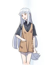 Rule 34 | 10s, 1girl, black shirt, blue hair, blunt bangs, brown eyes, casual, collared shirt, dress, hand in pocket, kantai collection, kirusu, long hair, looking to the side, murakumo (kancolle), open mouth, pinafore dress, shirt, simple background, sketch, sleeveless dress, smile, solo, very long hair