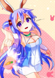 Rule 34 | 1girl, :d, amulet, animal ears, bare shoulders, breasts, detached sleeves, dress, erina (rabi-ribi), foreshortening, glowing, hair between eyes, hair bobbles, hair ornament, highres, long hair, looking at viewer, losno, medium breasts, o-ring, open mouth, outstretched arm, pink background, polka dot, polka dot background, purple eyes, purple hair, rabbit ears, rabi-ribi, signature, simple background, smile, solo, two-tone background, two side up, very long hair, yellow background