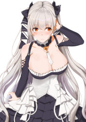 Rule 34 | 1girl, 1z10, absurdres, azur lane, black dress, blush, breasts, cleavage, closed mouth, collarbone, dress, formidable (azur lane), hair ribbon, hand in own hair, highres, large breasts, long hair, long sleeves, looking at viewer, platinum blonde hair, red eyes, ribbon, smile, solo, white background