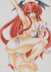 Rule 34 | 1girl, arm up, armpits, bare legs, barefoot, bikini, breasts, cleavage, feet, female focus, head wings, koakuma, large breasts, long hair, open mouth, pointy ears, red eyes, red hair, side-tie bikini bottom, simple background, smile, soles, solo, swimsuit, toes, touhou, traditional media, very long hair, white background, white bikini, wings, yutakasan-love
