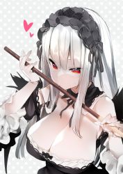 Rule 34 | 1girl, alternate breast size, black hairband, breasts, cleavage, detached collar, food, hairband, heart, highres, huge breasts, lolita fashion, lolita hairband, long hair, looking at viewer, pocky, pocky day, red eyes, rozen maiden, simple background, solo, suigintou, tousen, upper body, white background, white hair