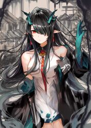 Rule 34 | 1girl, arknights, bare shoulders, black hair, black jacket, breasts, dragon girl, dragon horns, dragon tail, dress, dusk (arknights), expressionless, grey hair, hair over one eye, hand up, highres, horns, jacket, joul 0704, long hair, looking at viewer, medium breasts, multicolored hair, off shoulder, open clothes, open jacket, red eyes, sleeveless, sleeveless dress, slit pupils, solo, streaked hair, tail, two-tone hair, very long hair, white dress, wide sleeves