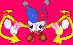 Rule 34 | black eyes, brown footwear, chromatic aberration, claws, fangs, fur-trimmed headwear, fur trim, happy, hat, heart, hexagon, jester cap, kirby (series), kirby super star, kureson (hayama baa), marx (kirby), multicolored clothes, multicolored hat, neck ribbon, nintendo, no humans, open mouth, pom pom (clothes), red background, red ribbon, ribbon, shoes, simple background, smile, solo, straight-on, symmetry, tongue, wall-eyed, wings, yellow wings