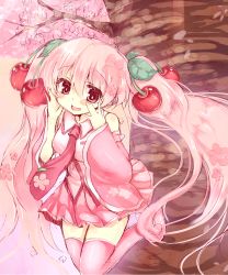 Rule 34 | 1girl, bad id, bad pixiv id, blush, boots, breasts, cherry, cherry blossoms, food, fruit, hatsune miku, highres, long hair, looking at viewer, necktie, open mouth, pink footwear, pink hair, pink theme, pink thighhighs, sakura miku, skirt, smile, solo, suzunone rena, thighhighs, twintails, very long hair, vocaloid, zettai ryouiki