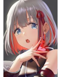 Rule 34 | 1girl, absurdres, black background, black leotard, blue eyes, blush, border, colored inner hair, commentary, detached sleeves, earrings, grey hair, hair ribbon, hand up, high collar, highres, huge filesize, idolmaster, idolmaster shiny colors, jewelry, leotard, maoushiori3, multicolored hair, nail polish, open mouth, orange nails, red hair, red ribbon, ribbon, serizawa asahi, signature, solo, white border, zipper leotard