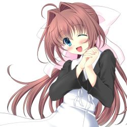 Rule 34 | 1girl, ahoge, asakura otome, black vest, blue eyes, blush, bow, brown hair, commentary request, da capo, da capo ii, dress, hair between eyes, hair bow, kayura yuka, long hair, long sleeves, looking at viewer, one eye closed, open mouth, own hands together, pink bow, simple background, smile, solo, upper body, vest, white background, white dress