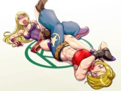 Rule 34 | 2girls, abs, ankle lock, baggy pants, bangle, belt, blonde hair, blue eyes, blue mary, boots, bracelet, breasts, choker, cleavage, cross-laced footwear, crying, crying with eyes open, fatal fury, fingerless gloves, full body, garou: mark of the wolves, gloves, halterneck, halterneck, high heels, jenet behrn, jewelry, lace-up boots, large breasts, long hair, lying, midriff, multiple girls, muscular, muscular female, no panties, on back, pain, pants, short hair, submission hold, takana bps (3rd imagination), tears, the king of fighters, wrestling