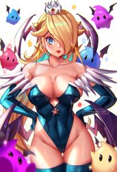 Rule 34 | 1girl, aqua eyes, aqua hair, aqua leotard, artist name, bare shoulders, blonde hair, blurry, blurry foreground, breasts, cleavage, cosplay, covered navel, cowboy shot, crown, demon girl, demon wings, earrings, elbow gloves, enma (enmanuelart), gloves, gluteal fold, hair over one eye, head wings, highleg, highleg leotard, highres, jewelry, large breasts, leotard, lips, lipstick, long hair, luma (mario), makeup, mario (series), mini crown, mole, mole on thigh, morrigan aensland, morrigan aensland (cosplay), multicolored hair, nintendo, rainbow gradient, revealing clothes, rosalina, shiny skin, simple background, solo, sparkle, star (symbol), super mario galaxy, thigh gap, thighhighs, two-tone hair, vampire (game), white background, wings