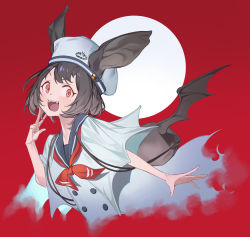 Rule 34 | 1girl, absurdres, animal ears, bag, bat ears, bat wings, blush, brown hair, fangs, fingernails, hat, highres, light blush, open mouth, original, red background, red eyes, red neckwear, sb lama, short hair, simple background, smile, solo, teeth, tongue, upper body, upper teeth only, w, white hat, wings