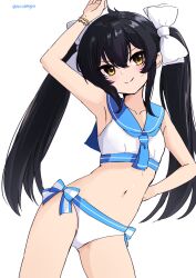 Rule 34 | 1girl, arm up, armpits, bikini, black hair, blue bow, blue neckerchief, blue sailor collar, blush, bow, bracelet, collarbone, cowboy shot, dot nose, flat chest, hair between eyes, hair bow, hand on own hip, highres, idolmaster, idolmaster cinderella girls, jewelry, long hair, looking at viewer, matoba risa, navel, neckerchief, roccamoya, sailor collar, sailor swimsuit (idolmaster), sidelocks, smile, solo, stomach, swimsuit, thighs, twintails, white background, white bikini, white bow, wristband, yellow eyes