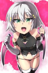 Rule 34 | 1girl, absurdres, bandaged arm, bandages, bare shoulders, black panties, black thighhighs, blush, close-up, dual wielding, fate/apocrypha, fate/grand order, fate (series), gloves, green eyes, highres, holding, jack the ripper (fate/apocrypha), kirisame mia, knife, looking at viewer, navel, open mouth, panties, scar, short hair, silver hair, smile, solo, sparkle, sparkling eyes, thighhighs, underwear