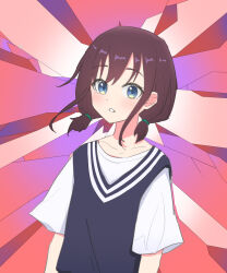 Rule 34 | 1girl, abstract background, absurdres, black sweater vest, blue eyes, brown hair, chinese commentary, commentary request, girls band cry, highres, iseri nina, looking at viewer, newminds, parted lips, pink background, shirt, short sleeves, short twintails, solo, sweater vest, twintails, upper body, white shirt