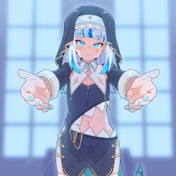 Rule 34 | 1girl, black dress, black headwear, blue eyes, blue hair, blue nails, blunt bangs, blush, breasts, cleavage, cleavage cutout, clothing cutout, dress, fins, fish tail, gawr gura, grey hair, habit, highres, hololive, hololive english, looking at viewer, medium hair, moral cacoethes, multicolored hair, nail polish, navel, outstretched arms, outstretched hand, shark girl, shark tail, sidelocks, small breasts, smile, solo, streaked hair, tail, virtual youtuber