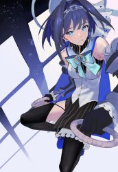 Rule 34 | 1girl, black gloves, black skirt, black thighhighs, blue bow, blue eyes, blue hair, blush, bow, clothing cutout, detached sleeves, gloves, hair intakes, highres, holofanman, hololive, hololive english, looking at viewer, ouro kronii, ouro kronii (1st costume), skirt, smile, solo, thighhighs, underboob cutout, virtual youtuber