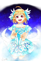 Rule 34 | 1girl, aqua detached collar, aqua dress, aqua skirt, artist name, artist request, bare legs, bare shoulders, blush, breasts, choker, clenched hands, collarbone, dress, feathers, female focus, frilled sleeves, frills, hairband, headdress, highres, hinapika08, looking at viewer, love live!, love live! sunshine!!, orange hair, parted lips, red eyes, short hair, skirt, small breasts, smile, solo, takami chika, v-shaped eyebrows, w, water blue new world, white feathers, white hairband