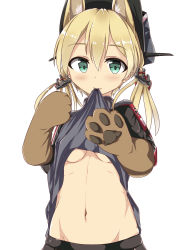 Rule 34 | 10s, 1girl, animal ears, animal hands, blonde hair, breasts, cat ears, cat paws, clothes lift, green eyes, hair ornament, hat, highres, kantai collection, kemonomimi mode, looking at viewer, military, military hat, military uniform, mouth hold, navel, numahata tofu., peaked cap, prinz eugen (kancolle), shirt lift, solo, twintails, underboob, uniform