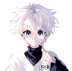 Rule 34 | 1boy, badge, black shirt, blue eyes, button badge, closed mouth, commentary request, hand up, happy, highres, hunter x hunter, index finger raised, killua zoldyck, korean commentary, long sleeves, looking at viewer, male focus, messy hair, portrait, seol q, shirt, short hair, simple background, smile, solo, spiked hair, turtleneck, undershirt, white background, white hair, white shirt