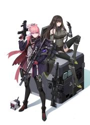 Rule 34 | 2girls, ar-15, arm up, armor, armored boots, assault rifle, belt, belt buckle, black gloves, black legwear, black shorts, blue eyes, boots, box, breasts, brown eyes, brown hair, buckle, closed mouth, collar, defy (girls&#039; frontline), detached sleeves, dinergate (girls&#039; frontline), dress, girls&#039; frontline, gloves, green hair, gun, hair between eyes, hair ornament, headphones, highres, holding, holding gun, holding weapon, jacket, knee pads, long hair, long sleeves, looking at viewer, m4 carbine, m4a1 (girls&#039; frontline), m4a1 (mod3) (girls&#039; frontline), mod3 (girls&#039; frontline), multicolored hair, multiple girls, pink hair, ponytail, red gloves, rifle, scope, shadow, shoelaces, shorts, sidelocks, simple background, sitting, st ar-15 (girls&#039; frontline), st ar-15 (mod3) (girls&#039; frontline), standing, strap, streaked hair, suppressor, thighhighs, trigger discipline, weapon, white background, zwc1271750321