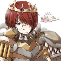 Rule 34 | 1boy, armor, closed mouth, commentary request, crown, expressionless, gem, genetic (ragnarok online), glasses, hair over one eye, head rest, living clothes, looking at viewer, male focus, natsuya (kuttuki), pauldrons, pipe in mouth, ragnarok online, red eyes, red hair, round eyewear, short hair, shoulder armor, simple background, slime (creature), smoking pipe, solo focus, teeth, upper body, vanilmirth (ragnarok online), vial, white background