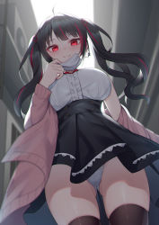 Rule 34 | 1girl, ahoge, alexmaster, bare shoulders, black hair, black skirt, black thighhighs, blurry, blurry background, breasts, center frills, closed mouth, commentary request, depth of field, frills, from below, gluteal fold, hair ribbon, jacket, looking at viewer, mask, mask pull, medium breasts, mouth mask, multicolored hair, off shoulder, open clothes, open jacket, original, panties, pink jacket, pleated skirt, red eyes, red hair, red ribbon, ribbon, shirt, skirt, smile, solo, streaked hair, thighhighs, twintails, underwear, white panties, white shirt