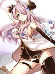 Rule 34 | 10s, 1girl, black gloves, black panties, braid, breasts, draph, elbow gloves, female focus, gloves, granblue fantasy, hair over one eye, horns, large breasts, long hair, narmaya (granblue fantasy), no pants, panties, paragasu (parags112), pointy ears, shirt, sideboob, silver hair, single thighhigh, solo, thigh strap, thighhighs, underwear, very long hair, vest