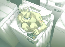 Rule 34 | 1boy, character request, goggles, in container, male focus, nangoku banana, nude, original, solo, source request, tattoo, top-load washing machine, washing machine, what, white hair, yellow eyes