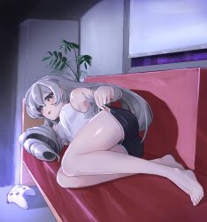 Rule 34 | 1girl, absurdres, ass, bare arms, barefoot, black shorts, breasts, bronya zaychik, bronya zaychik (silverwing: n-ex), controller, couch, feet, full body, game controller, gamepad, grey eyes, grey hair, hair between eyes, highres, honkai (series), honkai impact 3rd, indoors, legs, long hair, looking at viewer, lying, medium breasts, nabiyan, on couch, on side, open mouth, pink pupils, shirt, shorts, sleeveless, sleeveless shirt, solo, toes, white shirt