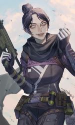 Rule 34 | 1girl, apex legends, belt, black gloves, black hair, blue eyes, breasts, brown belt, chikitamako, clenched hand, gloves, gun, hair bun, highres, holding, holding gun, holding weapon, looking down, medium breasts, parted bangs, parted lips, r-99 smg, smile, solo, submachine gun, thigh strap, trigger discipline, weapon, wraith (apex legends)