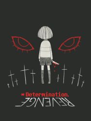 Rule 34 | 1other, androgynous, black background, chara (undertale), cross, eleanor (ohmyeleanor), english text, eye focus, flower (symbol), from behind, gender request, greyscale, knife, monochrome, short hair, shorts, simple background, solo, spoilers, spot color, standing, striped clothes, striped sweater, sweater, text focus, undertale