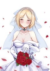Rule 34 | 1girl, absurdres, bare shoulders, blonde hair, blush, breasts, bridal veil, brown eyes, choker, cleavage, commission, cross, dress, flower, girls&#039; frontline, gloves, hakugin006, highres, iron cross, jewelry, looking at viewer, medium breasts, mp40 (girls&#039; frontline), non-web source, ring, rose, smile, solo, veil, wedding band, wedding dress