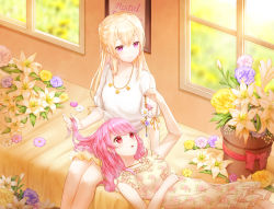Rule 34 | 2girls, bad id, bad pixiv id, bang dream!, bare arms, bare legs, bare shoulders, blonde hair, blouse, blurry, blush, breasts, chain, closed mouth, collarbone, day, depth of field, dress, feet out of frame, flower, flower request, frilled dress, frills, half updo, hand on own stomach, hand up, head tilt, holding, holding hair, indoors, lap pillow, light particles, long hair, looking at another, lunacle, lying, maruyama aya, medium breasts, miniskirt, multiple girls, on back, parted lips, pastel palettes (bang dream!), picture frame, pink eyes, pink hair, plant, potted plant, puffy short sleeves, puffy sleeves, purple flower, red eyes, red ribbon, ribbon, shirasagi chisato, shirt, short sleeves, sidelocks, sitting, skirt, sleeveless, sleeveless dress, smile, white flower, white shirt, window, yellow flower, yellow skirt