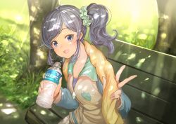 Rule 34 | aikatsu!, aikatsu! (series), bench, bottle, collarbone, dappled sunlight, drink, grass, kiriya aoi, koruse, light rays, long hair, looking at viewer, looking to the side, open mouth, park, ponytail, purple hair, scrunchie, side ponytail, sitting, smile, solo, sunlight, sweat, towel, track suit, tree, upper body, v